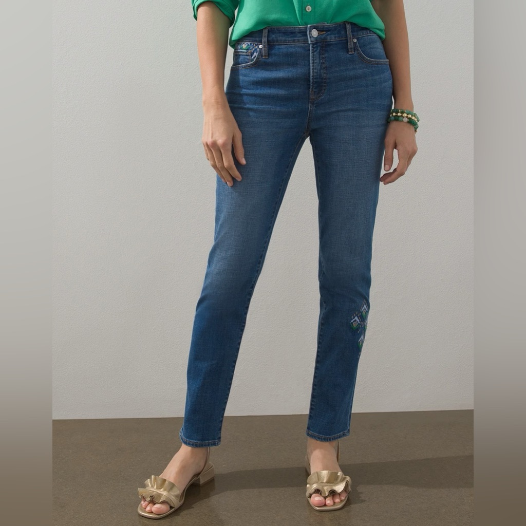 Nwt Chico’s Slimming Girlfriend Ikat Cross Stitched Ankle Jeans Size 8 Boho Chic